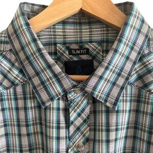 Prana Long Sleeve Pearl Snap Button Shirt Organic Cotton Plaid Slim Large Mens